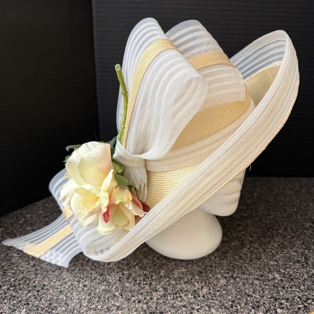 VTG Jack McConnell Boutique Wide Brim Church Derby Hat Ivory Floral Mesh Ribbon